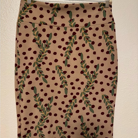 LuLaRoe Tan Pencil Skirt with Burgundy Dots and Olive Leaves - Picture 1 of 4